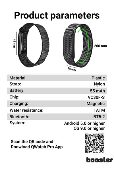 Booster Electronics Brățară inteligentă Booster Pulse, Fără ecran, Puls, SpO₂, Somn, Pași, calorii, 170+ moduri sport, Autonomie 20–30 zile, Bluetooth 5.2, Android/iOS, QWatch Pro, Curea nylon, Încărcare magnetică, 1 ATM
