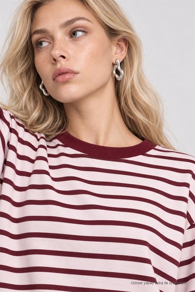 Lovelyİstanbul Oversized Striped Knit Sweatshirt LRN0079 PLUM ECRU