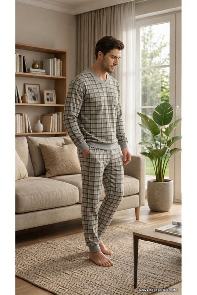 Generic Brand ÖzSurgun Men's Checked Flannel Pajama Set with V-Neck, Pockets,...