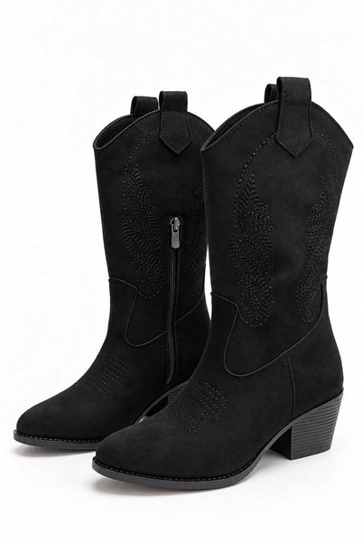 WeShaya Black Suede Embroidered Cowboy Boots, Block Heel, Pointed Toe