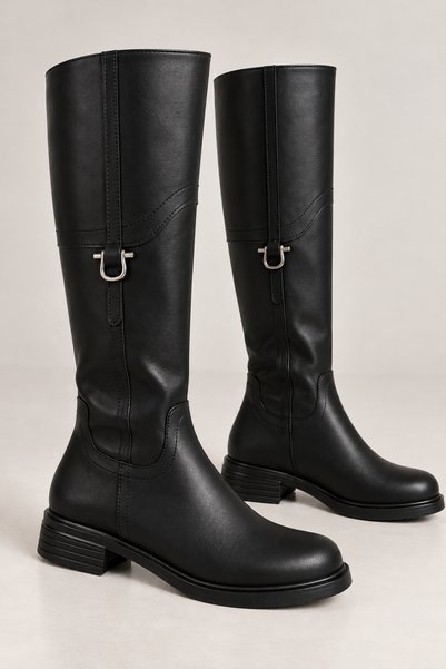 WeShaya Black Buckled Boots with Zipper, Flat Sole, Round Toe