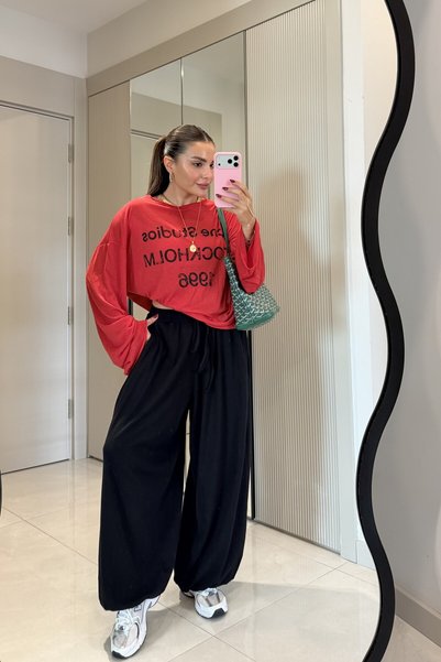 Gizem Ecemiş Rhea Siyah Paçası Lastikli Şalvar Model Eşofman Altı