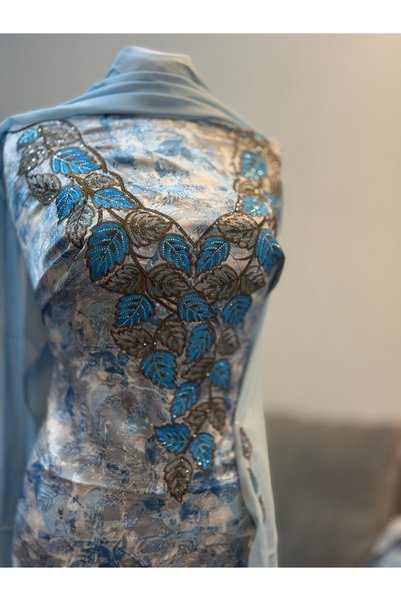 LAVEN Emirati Soft Silk Khimar Fabric with Heavy Embroidery on Chest and Slee...