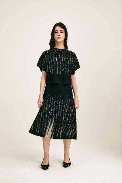 Tenda Shimmer Patterned Flared Skirt Black & Beige