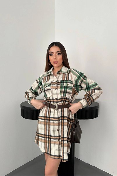 bysocafashion فستان قميص نسائي بنقشة مربعات باللون البني.