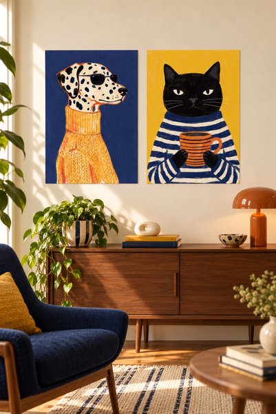 Juls Works 2'li Kedi Köpek Poster Seti, Renkli Modern Hayvan Figürlü Yapışkan...