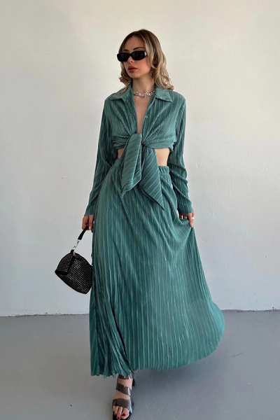 bysocafashion Women's Mint Green Corded Fabric Blouse and Long Skirt Set
