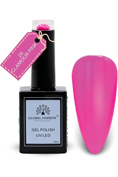 GLOBAL FASHION Professional Black Elite Gel Nail Polish 026 Glamour Pink, 15m...
