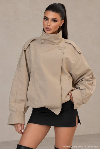 QUHOX Kadın Dik Yaka Oversize Kısa Ceket - Bej