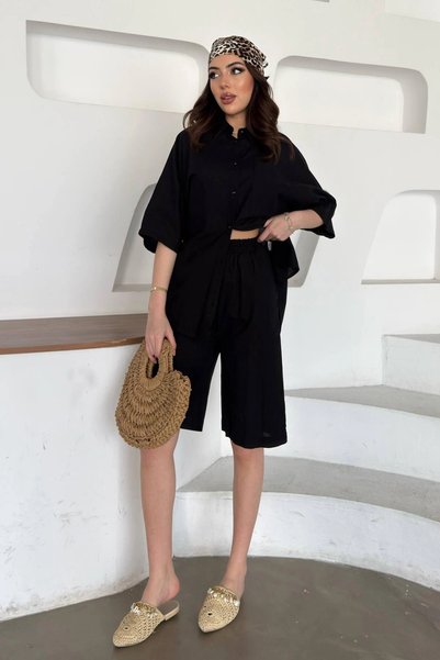 bysocafashion طقم قميص قصير الأكمام من الكتان والقطن الأسود للنساء مع شورت.