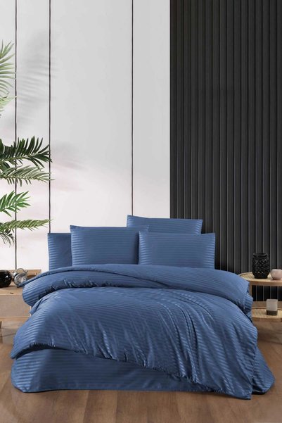 Mira Home Stripe Saten Line Double Duvet Cover Set Indigo