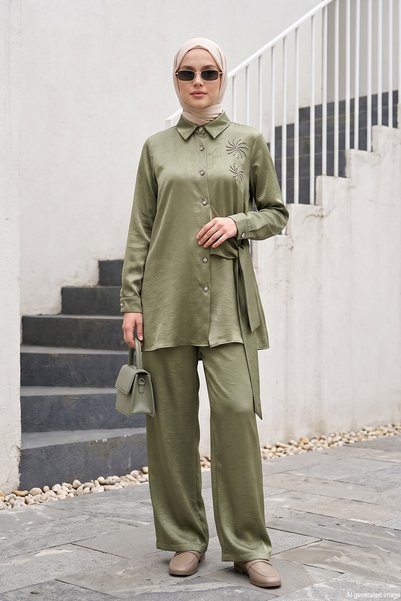 Lale Butik بدلة بنطلون فضية مزينة بالخرز مع أزرار فضية، تصميم برباط جانبي، رق...