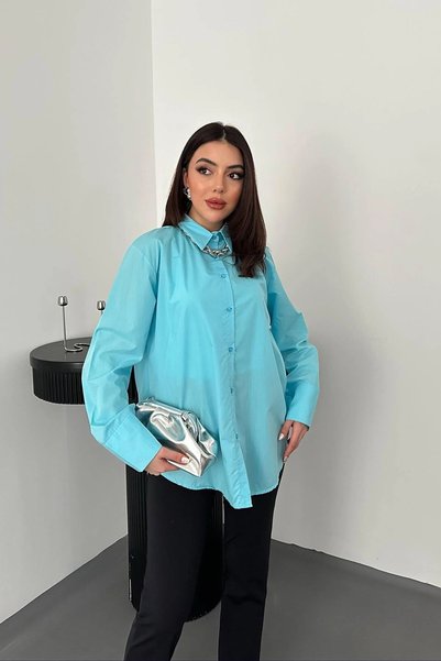 bysocafashion قميص بوبلين نسائي باللون الأزرق، بتصميم بسيط وأزرار.
