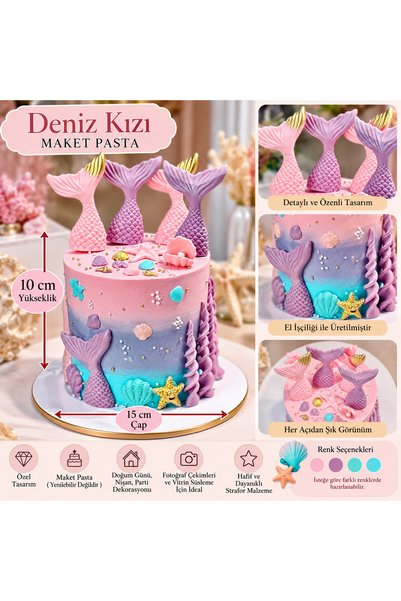 Genel Markalar Deniz Kızı Temalı Dekoratif Maket Pasta Gerçek Şeker Hamuru Ka...