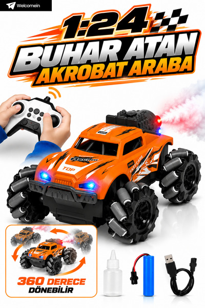 welcomein 1:24 Buhar Atan 360° Dönen Oyuncak 18 cm Şarjlı 2.4G 7 Kanallı Uzak...