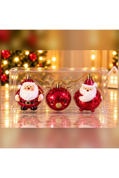 HEDİYE FİKRİ Santa Claus-Shaped Christmas Tree Ornaments, Set of 3, Box 20x11 cm