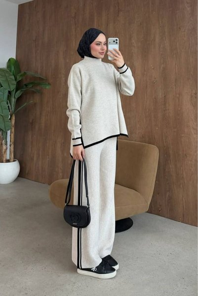 Malkan Women's striped knit two-piece set (top and bottom)