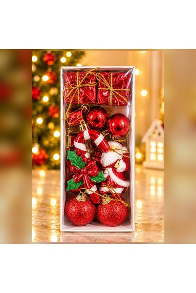 HEDİYE FİKRİ Red Gift Box and Assorted Figurine Christmas Tree Ornaments, Set...
