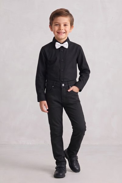 nacar çarşı Boy's Black Long-Sleeve Shirt, Black Pants, White Bow Tie—Novembe...
