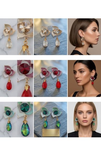 HOŞGÖR ACCESSORIES Enameled Flower Drop Earrings with Detailed Gemstone Accents