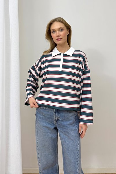 Melike Tatar Polo Collar Striped Tunic 79-7045