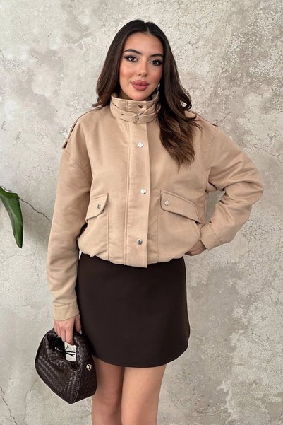 bysocafashion Women's Beige Short Mock Neck Jacket