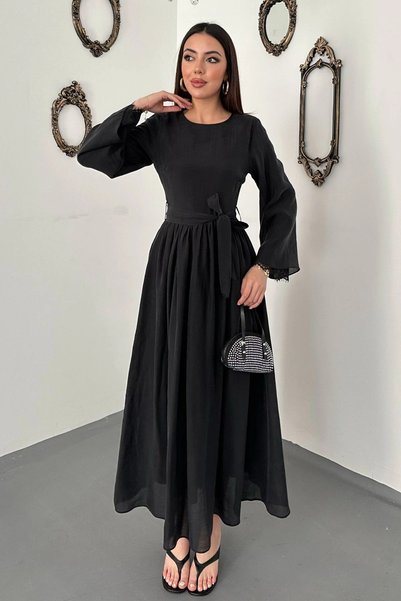 bysocafashion فستان نسائي أسود اللون، مزين بالدانتيل على الأكمام، وبطانة داخل...