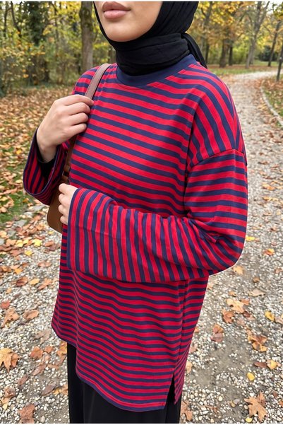 Kirazca Butik Women's Crew-Neck Striped Oversized Modest Sweatshirt Tunic, 75 cm