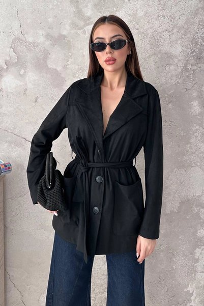 bysocafashion جاكيت نسائي أسود اللون، مصنوع من جلد الغزال، مع أربطة.