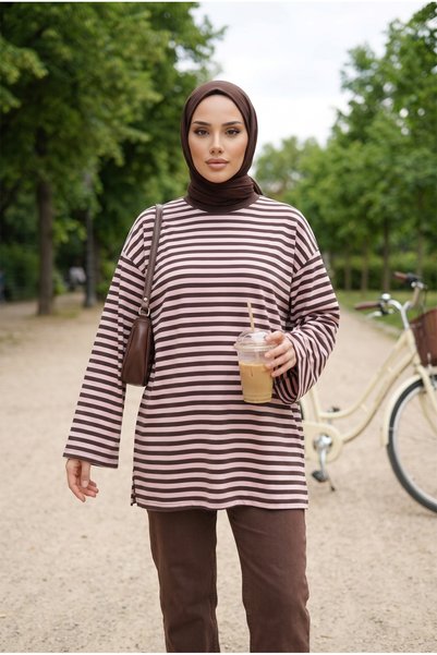 Kirazca Butik Women's Crew-Neck Striped Oversized Modest Sweatshirt Tunic, 75 cm