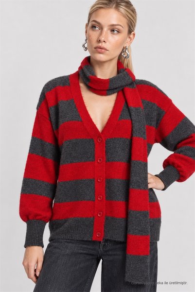 Lovelyİstanbul Oversized Striped Knit Cardigan With Scarf LYY0155 ANTHRACITE RED