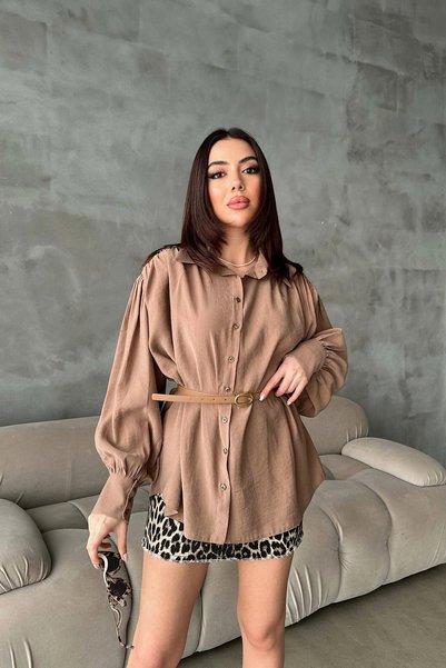 bysocafashion قميص نسائي من قماش المودال، بتصميم أنيق مع حزام وتفاصيل أزرار.