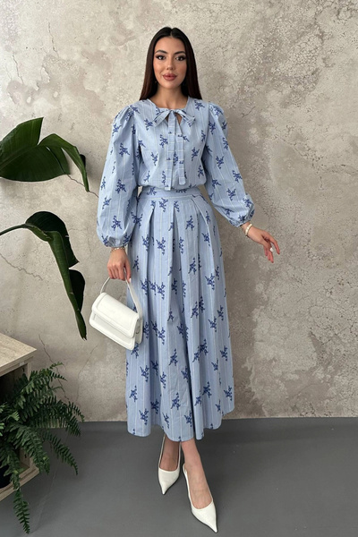 bysocafashion Women's Blue Floral-Print Striped Blouse and Skirt Set