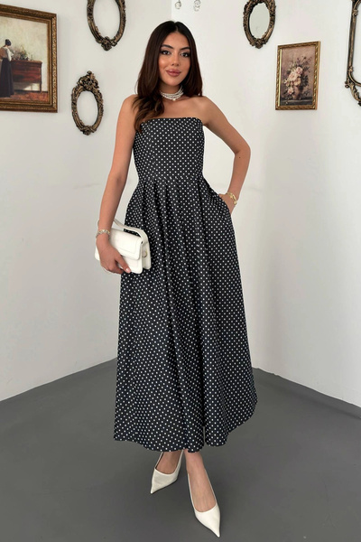 bysocafashion Women's Navy Blue Pleated, Lined, Polka Dot Cotton Denim Dress