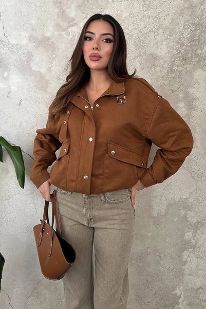 bysocafashion Women's Camel Short Mock Neck Jacket