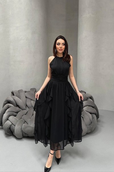 bysocafashion فستان نسائي أسود اللون، ذو ياقة مطوية من الأمام، مزين بالكشكشة،...