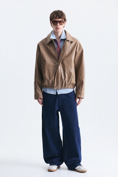 VAMOSCLO Loose-Fit Polo Collar Faux Leather Jacket