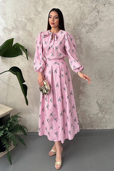 bysocafashion Women's Pink Striped Blouse and Floral Skirt Set