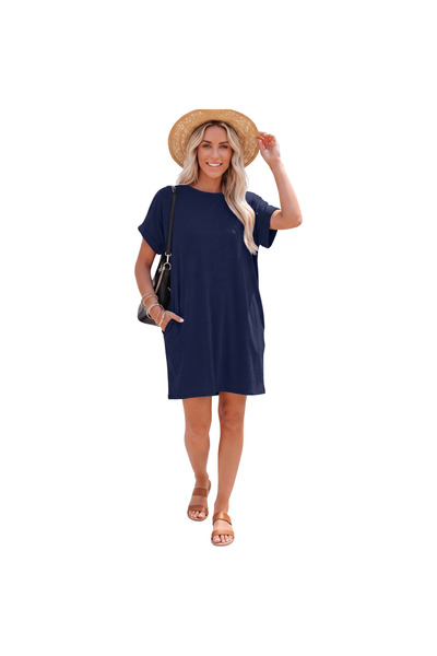 OtherMax Rochie Midi Damă A-Line Plisată Vara Respirabilă Bleumarin L