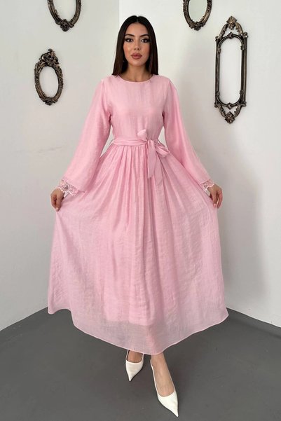 bysocafashion Women's Pink Lyocell Sleeveless Dress with Lace Sleeve Details ...