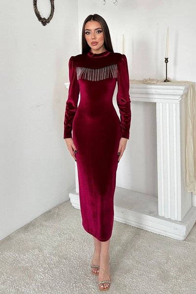 bysocafashion فستان نسائي من قماش المخمل اللامع باللون العنابي مع ألياف الليكرا.