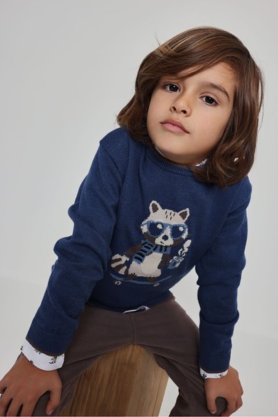 Boboli Raccoon-Print Sweater, Ages 2–6, Navy Blue