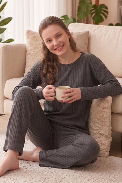 Farya Home Set de pijamale tricotate din bumbac pentru iarnă, flaușate pe int...