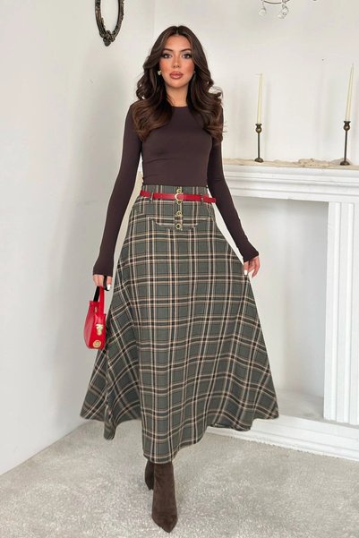 bysocafashion تنورة نسائية بنقشة الكاروهات باللون الكاكي، مصنوعة من مزيج من ق...