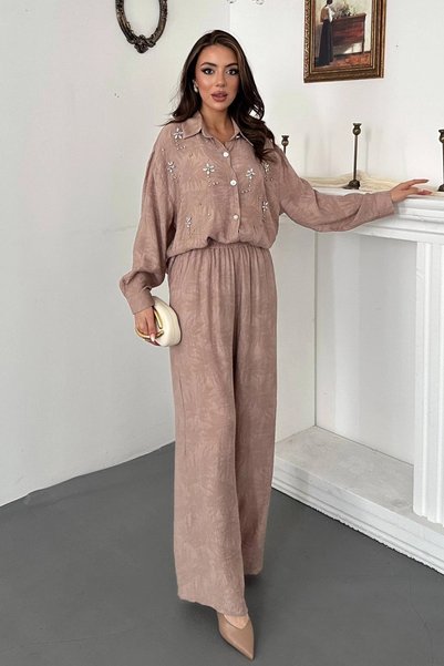bysocafashion طقم نسائي من القطن المخلوط مع قميص من قماش الفيزون مزين بالأحجار