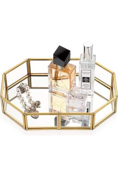 Hipiwe mirror glass vanity tray - gold ornate makeup tray vintage octagonal p...