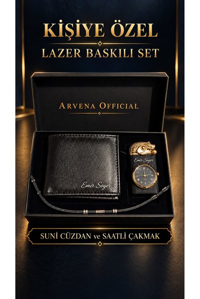ROLE MODEL Kişiye Özel Lazer Baskılı Suni Deri Cüzdan Saatli Çakmak ve Bilekl...