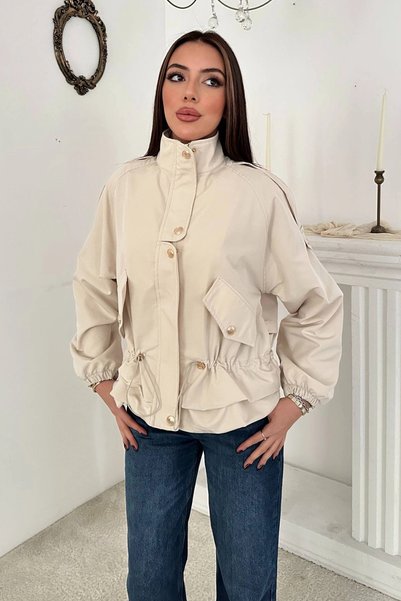 bysocafashion Women's Beige-Lined Snap-Fastened Jacket with Details
