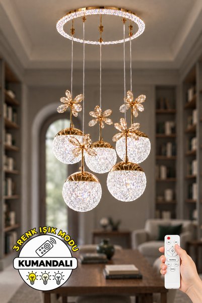 Dekorluna Rulinda Kumandalı Gold 5'li Kristal Küre Sarkıt Avize 3 Renk Işık M...