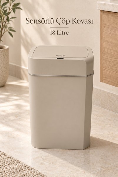 Funny Life 18 Litre Sensörlü Çöp Kovası Bej - Mutfak Banyo Çöp Kovası